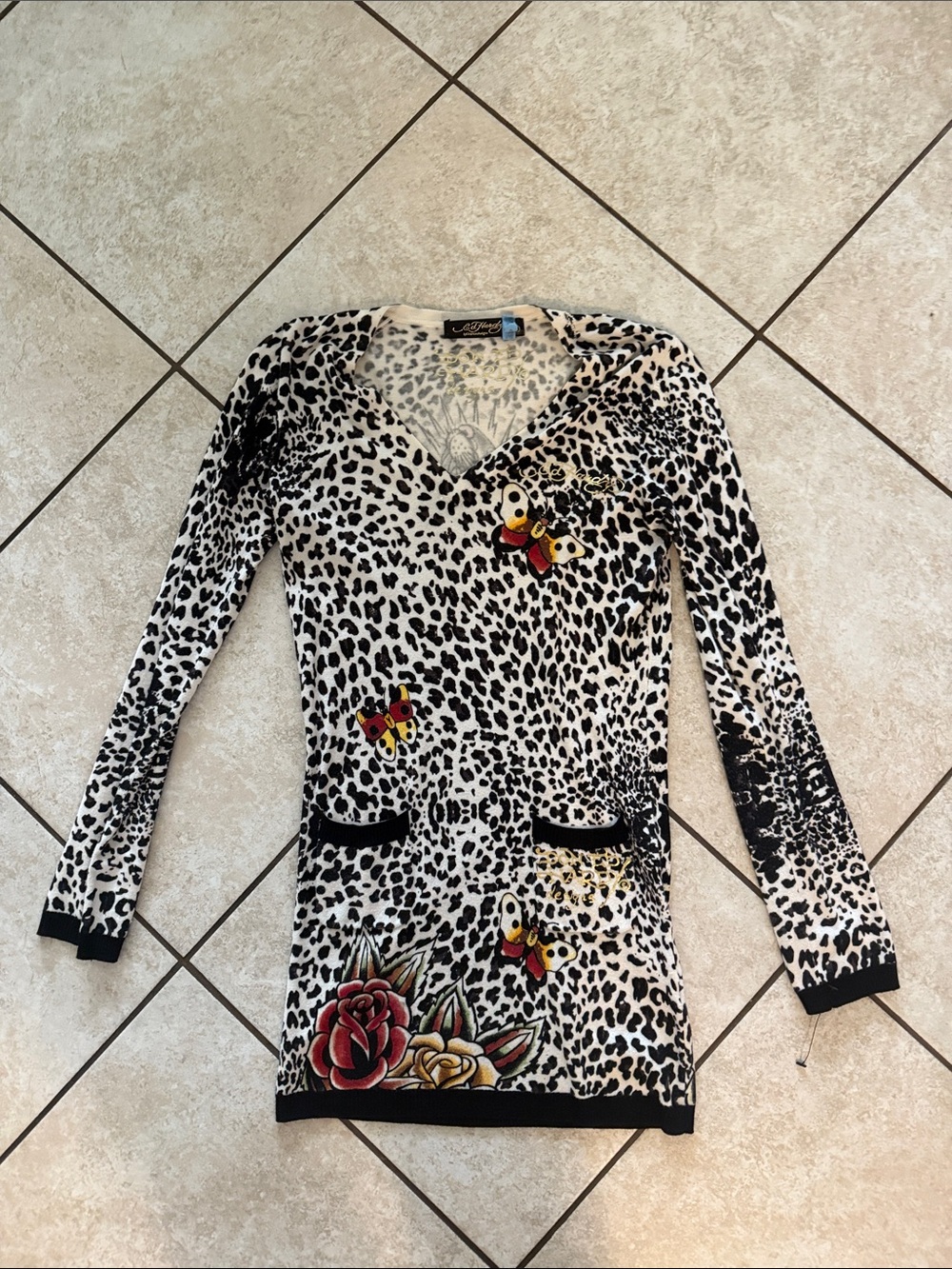 Ed Hardy Black White Leopard Print Long Sleeve Dress with Red & Yellow Accents